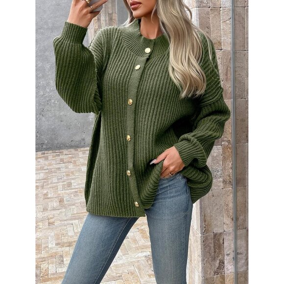 Trendy Lantern Sleeve Women's Cardigan - Soft Ribbed Knit Mock Neck Jacket - Picture 3 of 5